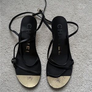 Vintage CHANEL Strappy Black with Gold interlocking logo